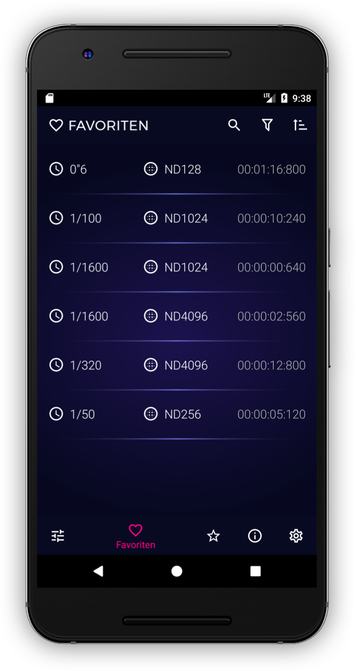 Favoriten in der ND-Filter Expert App